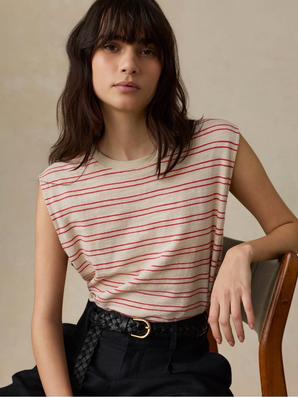 Faherty L Muscle Tank Summer Sand Stripe Beige Red Crew Organic Cotton NWOT $68
